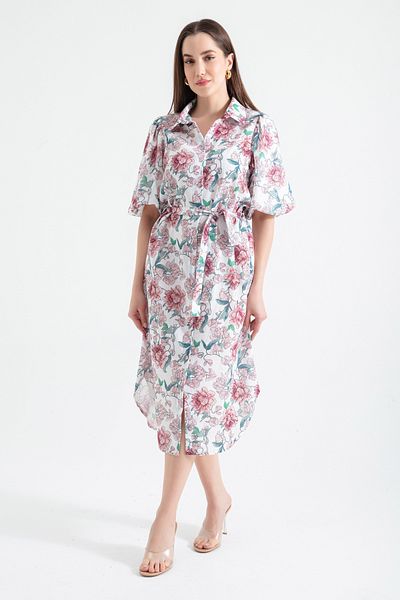 Lafaba Women's Powder Balloon Sleeve Patterned Midi Dress