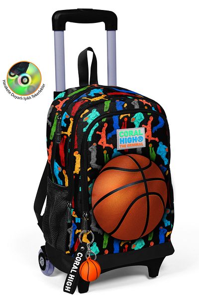 Coral High Rucsac școlar cu trei compartimente cu model de baschet negru pentru copii, cu racletă 23377