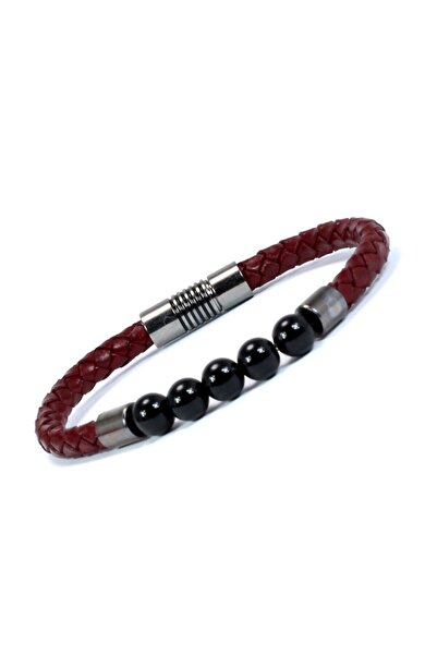 Modaroma Boncuklu Bordo Deri Bileklik