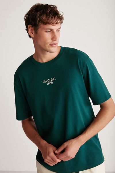 GRIMELANGE Kylee Men's Regular Fit Thick Fabric Embroidered 100% Cotton Green T-shirt