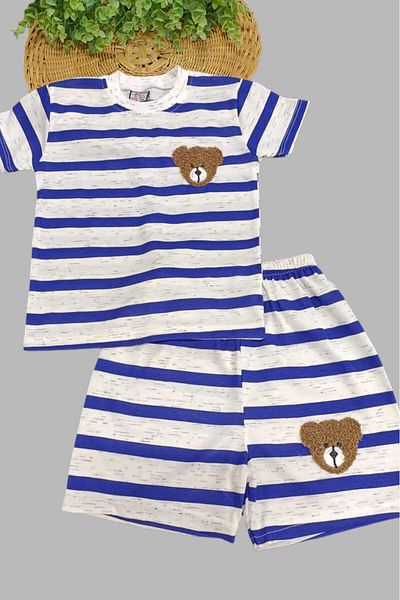 dinamik çocuk Unisex Children's Striped Embroidered 2-Piece Top and Bottom Set Summer Thin Short Sleeve
