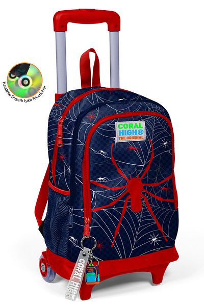 Coral High Rucsac școlar cu trei compartimente cu model de păianjen, albastru bleumarin, roșu, cu racletă 23920