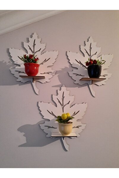 ALSHOP 3'lü Beyaz Duvar Süsü Rafı Yaprak Mumluk Duvar Dekoru Aplik Tablo Obje