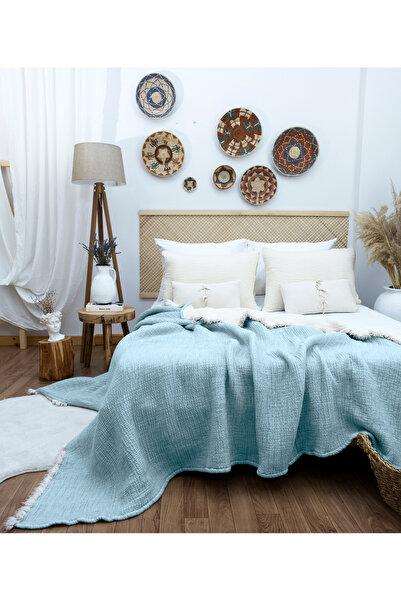 destinyhometex Baby Blue 6 Layers Muslin Single 170x230 Quilt/1 Piece 50x70cm Pillow Case 6 Layers Multi Muslin