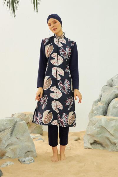 Starinci Mayo Πλήρως καλυμμένο μαγιό γρήγορου στεγνώματος Hijab Navy Blue White Leafed