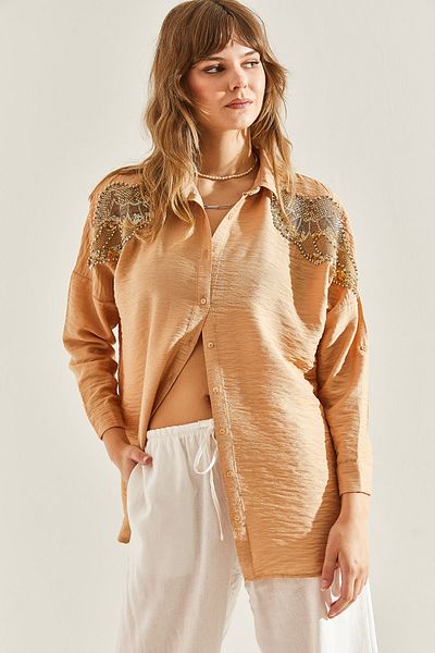 Bianco Lucci Linen Women's Shirt - Wing Embroidered, Ayrobin Model60161002