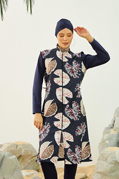 Starinci Mayo Πλήρως καλυμμένο μαγιό γρήγορου στεγνώματος Hijab Navy Blue White Leafed