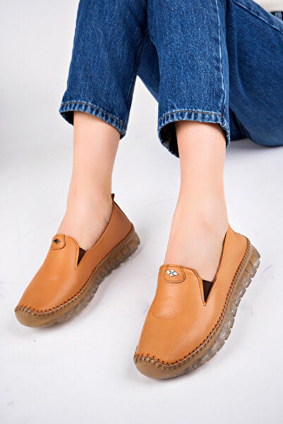 Deripabuc Genuine Leather Tan Women's Leather Ballerinas Dp75-0700