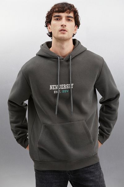 GRIMELANGE Herald Men's Hooded Kangaroo Pocket Inside Fleece Printed Dark Gray Sweatshirt