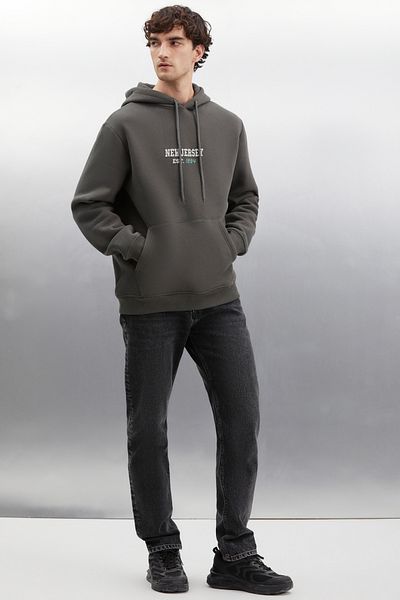 GRIMELANGE Herald Men's Hooded Kangaroo Pocket Inside Fleece Printed Dark Gray Sweatshirt
