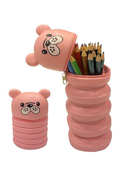 FLY COLOR Large and Shrinkable Pencil Case with Silicone Dog Figure and Gusset Pink