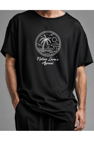 Siyah Oversize Nature Baskılı T-shirt Unisex %100 Pamuklu