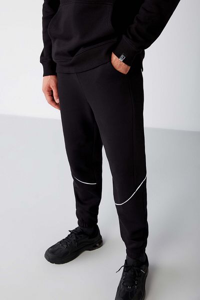 GRIMELANGE Orson Men's Regular Fit Decorative Striped Elastic Leg Black Sweatpants