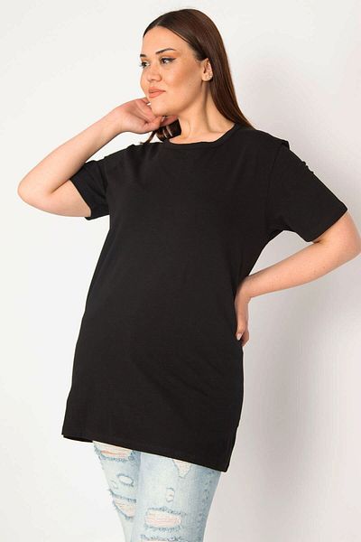 Şans Women's Black Large Size Bicycle Collar Short Sleeve Oversize Blouse 65n36273