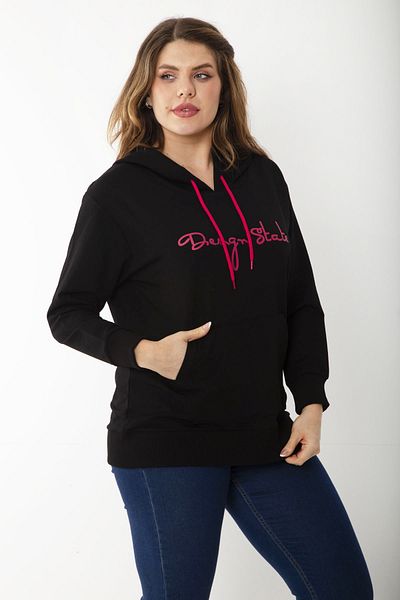 Şans Women's Large Size Black Hooded Kangaroo Pocket Sweatshirt 65N37197