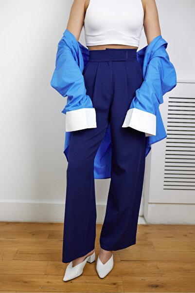 Askı Nişantaşı Navy Blue Velcro Clamp Stitched Palazzo Pants