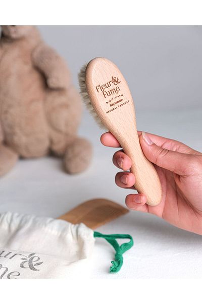 Fleur Fume Baby Hair Care Set (Goat Hair Baby Hair Brush + Natural Cherry Tree Baby Comb + Storage Pouch)