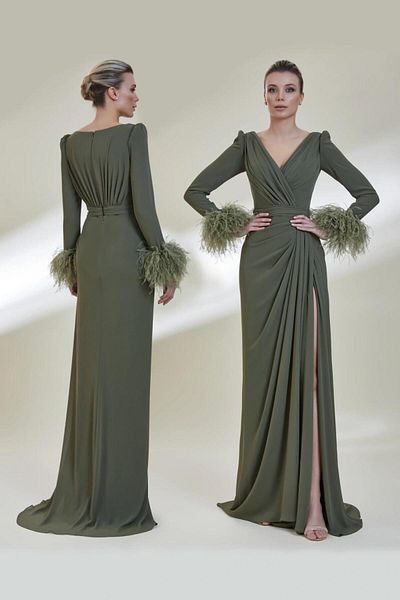Kenzel Sleeve Trim Draped Deep Slit Evening Dress