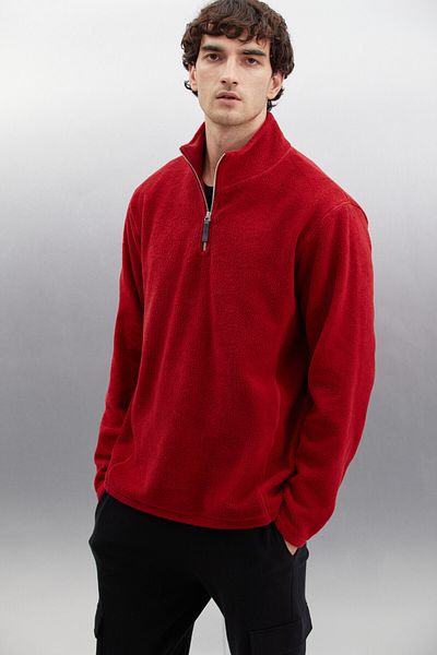 GRIMELANGE Hayes Herren-Fleece-Halbreißverschluss mit Lederzubehör, dickes, strukturiertes, bordeauxrotes Fleece mit bequemer Passform