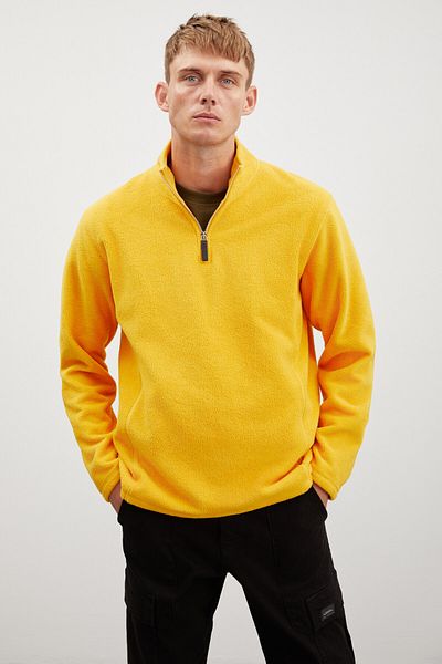 GRIMELANGE Hayes Herren-Fleece-Fleece mit halblangem Reißverschluss und Lederzubehör, dickes, strukturiertes, bequemes Fleece in Safrangelb
