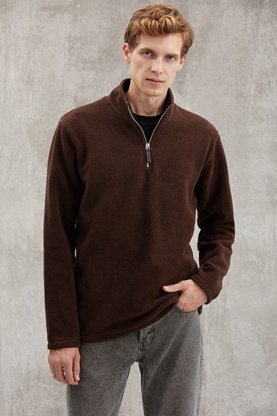GRIMELANGE Hayes Herren-Fleece-Halbreißverschluss mit Lederzubehör, dickes, strukturiertes Comfort-Fit-Fleece in Bitterbraun