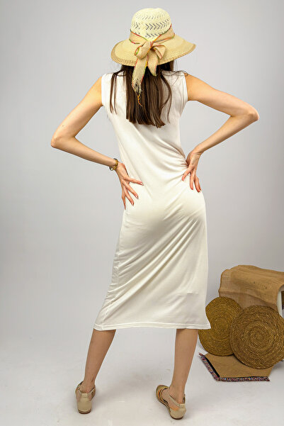 Betimoda Women's Combed Cotton Long Tunic Dress Zero Sleeve Crew Neck Ecru