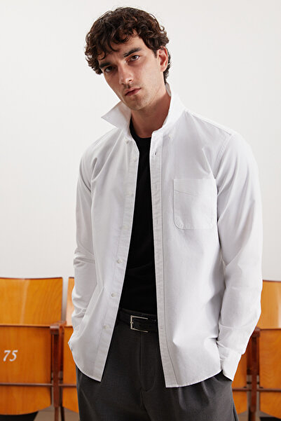 GRIMELANGE Cliff Men's 100% Cotton Oxford White Shirt with Pockets