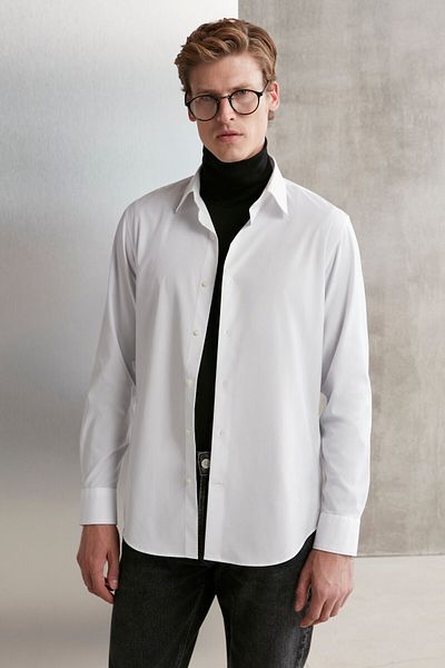 GRIMELANGE Branham Чоловічий ультра еластичний бавовняний еластан Тканина Slim Fit Поплін Білий Гомлек