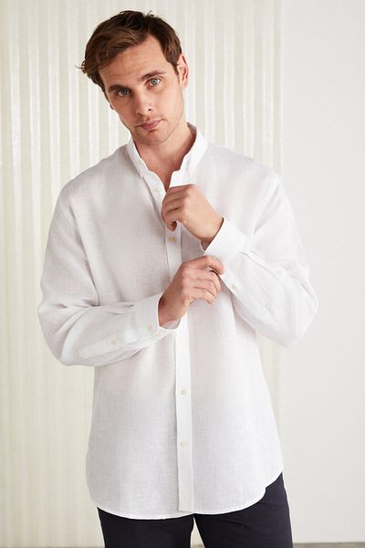 GRIMELANGE Brıce Men's 100% Linen Fabric Loose White Shirt