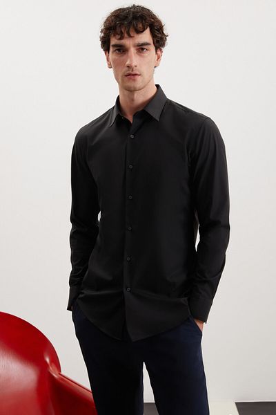 GRIMELANGE Branham Men's Ultra Flexible Cotton Elastane Fabric Slim Fit Poplin Black Shirt
