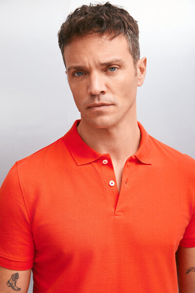 GRIMELANGE MARTEN Herren-T-Shirt mit Polokragen, 100 % Baumwolle, kurzärmlig, normale Passform, rot