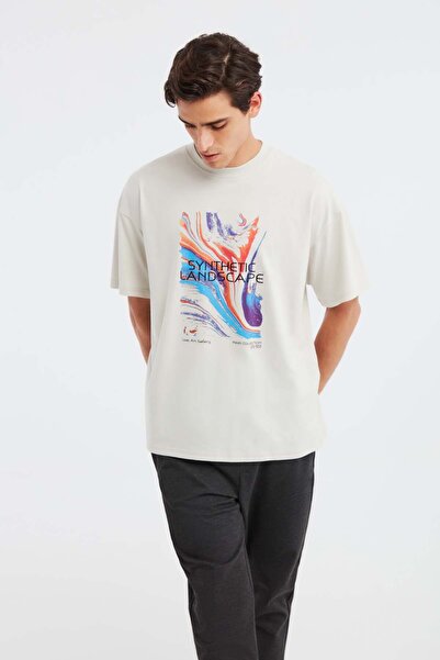 GRIMELANGE Ανδρικό μπλουζάκι Landscape από 100% οργανικό βαμβάκι με λεπτομέρεια με χοντρή υφή Oversive Stone Color