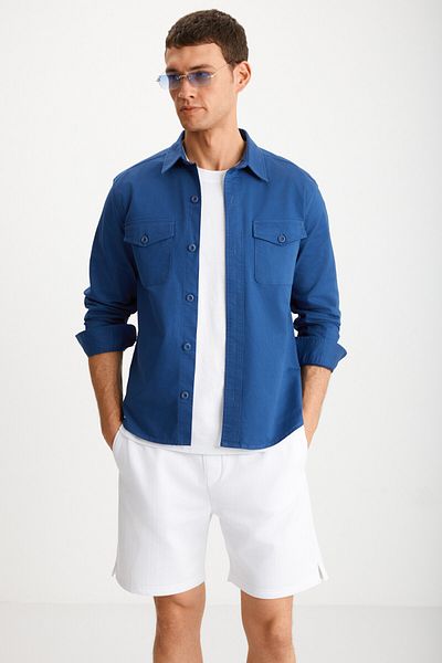 GRIMELANGE Nader Men's Thick Woven Canvas Fabric Shirt Type Blue Jacket