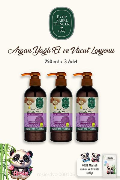 Eyüp Sabri Tuncer ROSIE - 3 Pieces Eyüp Sabri Tuncer Body Lotion, Argan 250 ml and 60 pcs 100% Cotton