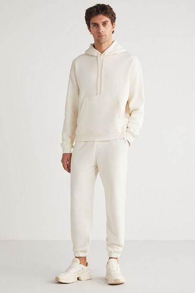 GRIMELANGE ERON Men's Hooded Kangaroo Pocket Fleece Inside Ecru Tracksuit Set