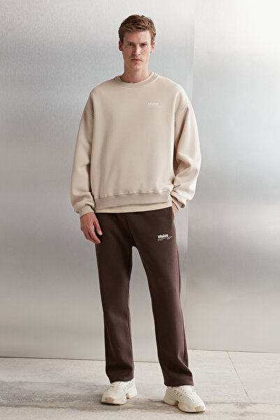 GRIMELANGE Freddy Men's Regular Fit Soft Fabric Printed 3 Pocket Bitter Brown Sweatpants