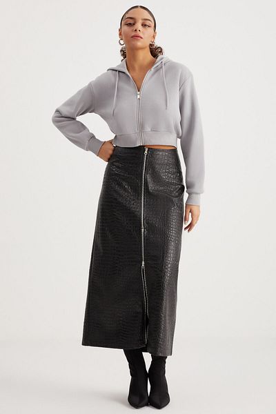 GRIMELANGE Delia Women - Γκρι πλεκτό φούτερ με 3 κλωστές, Crop Cut, Κουκούλα με φερμουάρ