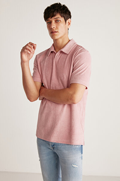 GRIMELANGE Todd Men's Polo Neck Terry Fabric Thick Textured Pink Polo Neck T-shirt