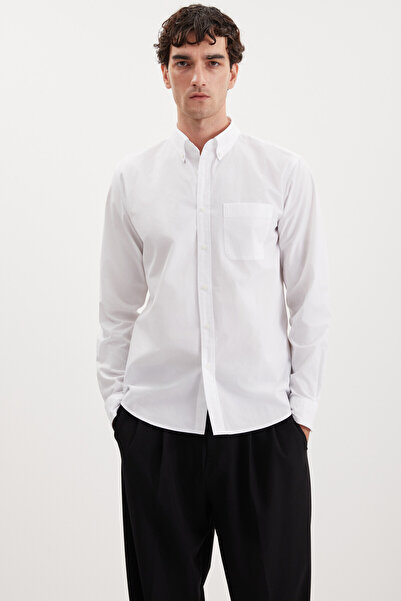 GRIMELANGE Peres Men's Woven 100% Cotton Thick Textured Slim Fit White Shirt with Pockets