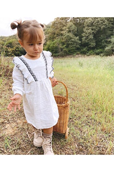 Cigit Nakışlı Fırfırlı Mevsimlik Elbise 1-8 Yaş Ekru