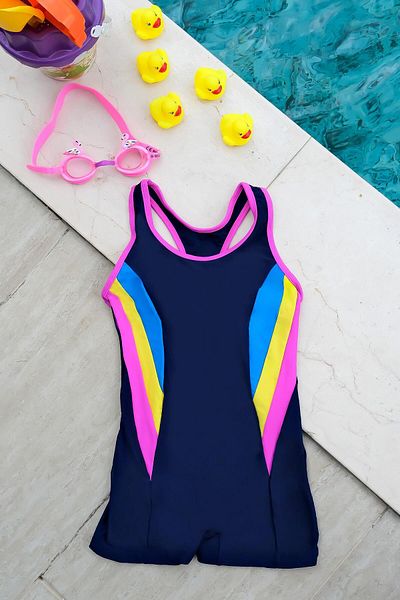 Eke Tekstil Pantaloni scurți pentru fetiță, albastru bleumarin, cu protecție solară UV cu 40 de factori, costum de baie pentru înotător la piscină