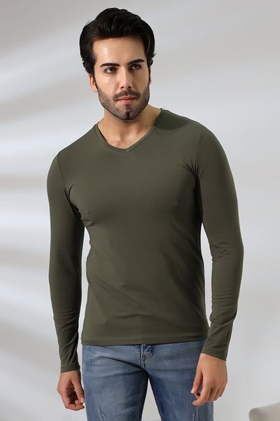 Endies Tricou compact din bumbac pieptănat Lycra, cu mânecă lungă, cu decolteu în V, slim fit 19648 kaki