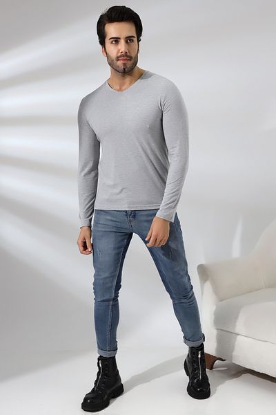 Endies Tricou compact din bumbac pieptănat Lycra cu mânecă lungă și decolteu în V 19648 Grimelange