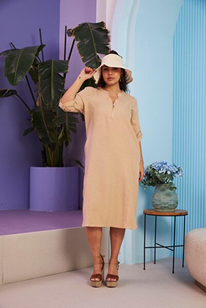 RMG Keten Pamuk Karısımlı Fermuarlı Rahat Vizon Buyük Beden Elbise