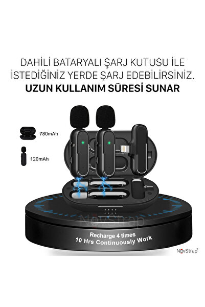 NovStrap Kablosuz Yaka Mikrofonu 2'li Lightning Girişli Iphone Ile Uyumlu Bataryalı Şarj Kutusu