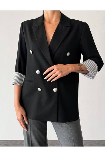 Cardella Blazer negru cu detaliu din poplin pe spate și mânecă