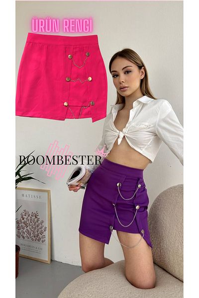 BoomBester Woman's Pink Mini Skirt with Chain Detail Crepe Fabric