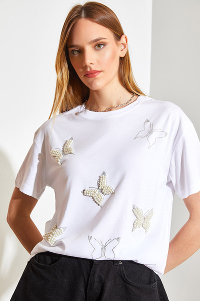 SHADE Kadın İnci Taş İşlemeli Penye Tshirt