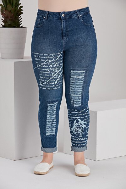 RMG Baskılı Ve Yırtıklı Büyük Beden Mavi Kot Pantolon