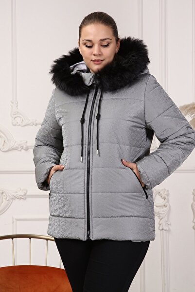 RMG Kapşonu Kürklü Büyük Beden Gri Mont